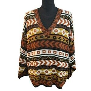 Carolina Colours Womens Sweater Size 22 Brown Aztec Print Long Sleeve VNeck